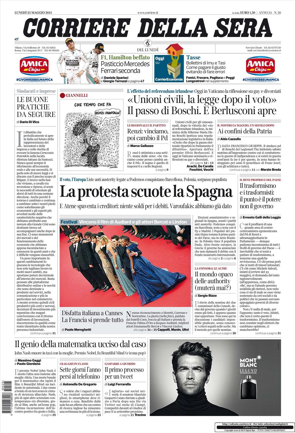 Le Prime Pagine Dei Quotidiani Che Sono In Edicola Oggi 25 Maggio 2015 