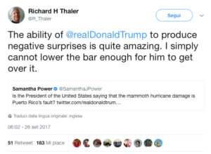 Uno dei tanti tweet di Thaler contro Donald Trump