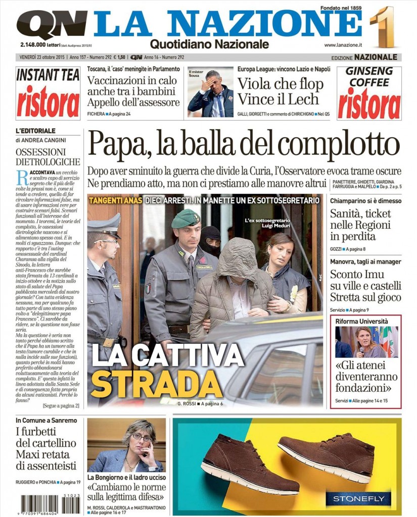 Le Prime Pagine Dei Quotidiani Che Sono In Edicola Oggi 23 Ottobre 2015 ...