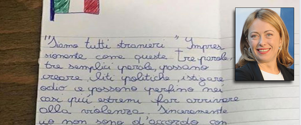 Tema: «Siamo tutti stranieri». Un’alunna si ribella: «No, i confini esistono». Meloni: «Una patriota»