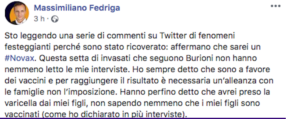 Fedriga si becca la varicella. E gli insulti di chi lo crede no-Vax. Poi sbotta sui social