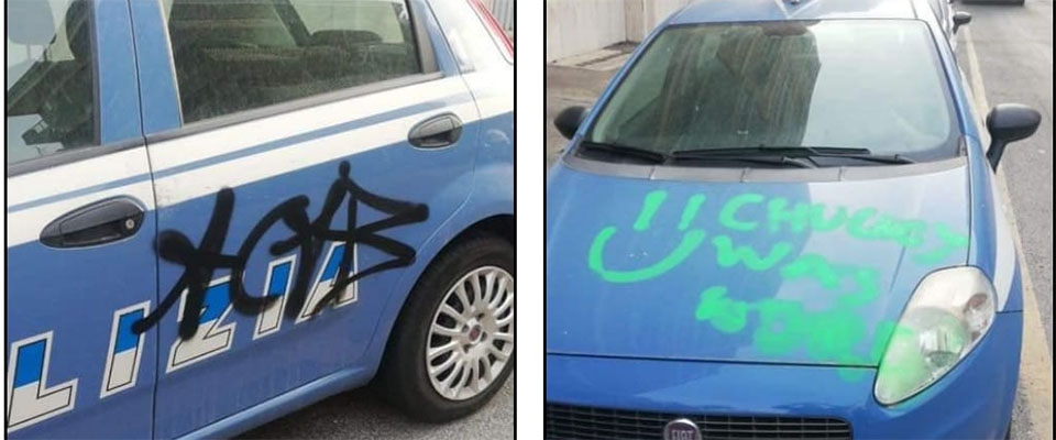 Scritte offensive sulle auto della polizia a Roma e Iglesias. Sindacati allarmati