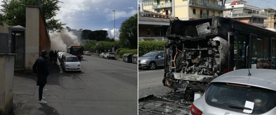 Un altro autobus in fiamme sulla via Portuense a Roma. È l’ottava volta in quattro mesi