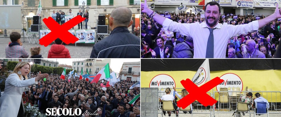 Meloni e Salvini tra la gente nelle grandi piazze. E gli altri si rifugiano nei recinti