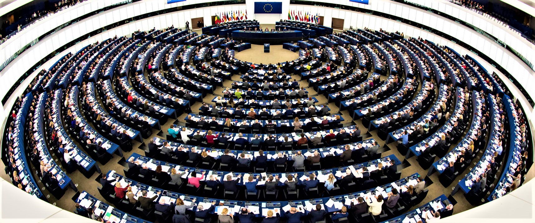 Plenary session week 10 2016 in Strasbourg.  Wide angle view of the plenary chamber. Hemicycle. Fisheye.