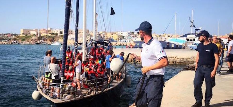 The Italian NGO Mediterranea Saving Humans’ Alex migrant rescue ship carrying 41 migrants rescued off Libya Thursday docks in the port of Lampedusa, Sicily island, Italy, 06 July 2019. ANSA/ ELIO DESIDERIO