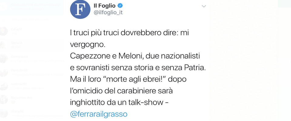 Offese dal “Foglio” a Capezzone e Meloni sul carabiniere ucciso, scattano le querele