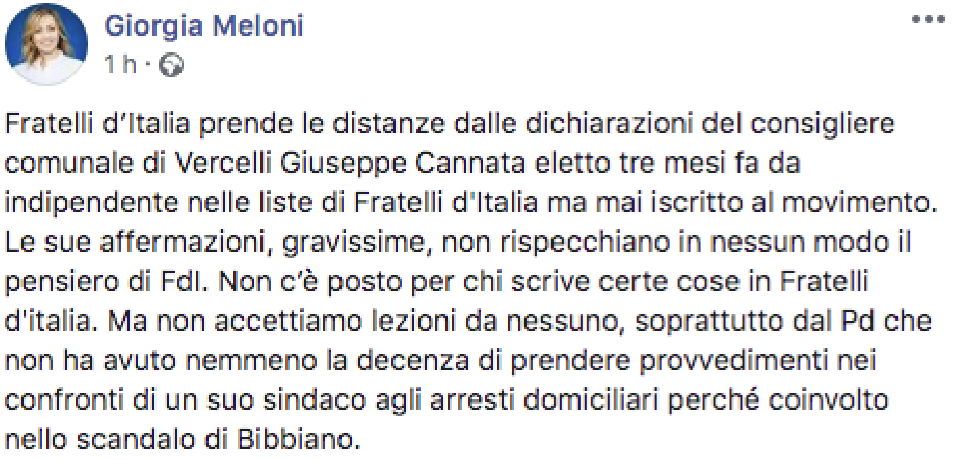 Meloni sul consigliere di Vercelli: “Frasi gravissime, è fuori da FdI. Ma il Pd non dia lezioni”