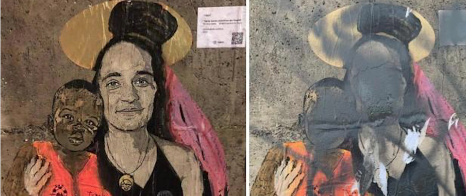 Spunta il murales della “Madonna Carola Rackete”: militante leghista lo cancella