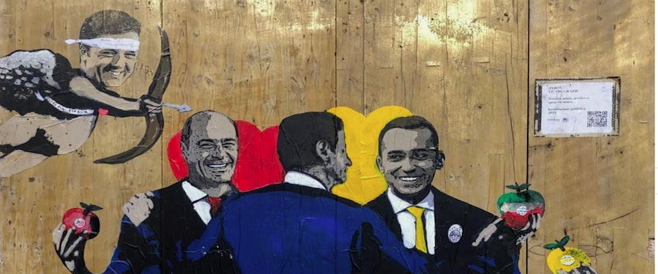 Un murale ridicolizza le “tre grazie” Zingaretti, Conte e Di Maio (benedette da Renzi)