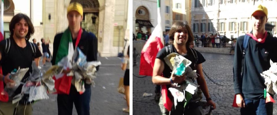 I volontari di Fratelli d’Italia ripuliscono piazza Montecitorio. Un segno di civiltà dopo la protesta