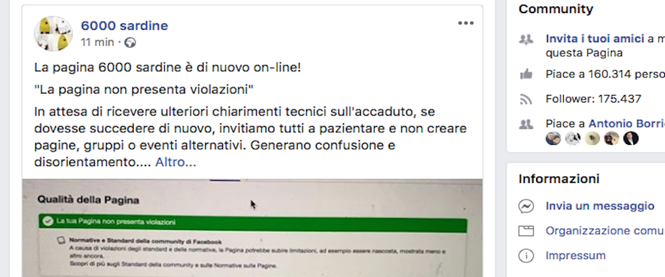 Le sardine rimosse come CasaPound frignano qualche ora e poi Facebook le riabilita….