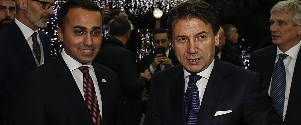 Italian Prime Minister Giuseppe Conte(R) and Italian Foreign Minister Luigi Di Maio, on occasion of MED Conference closing remarks at Parco dei Principi Hotel in Rome, 7 December 2019. ANSA / FABIO FRUSTACI