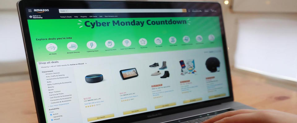 epa08037106 A computer screen shows advertisements for Cyber Monday on a online shopping mall Amazon in Berlin, Germany, 01 December 2019. Cyber Monday is the Monday after the Thanksgiving holiday in the US which is created by retailers to encourage people to shop online.  EPA/HAYOUNG JEON