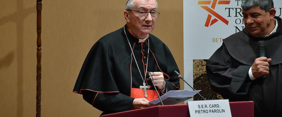 Vatican Secretary of State Cardinal Pietro Parolin, during the press conference on the occasion of the completion of the restoration and rehabilitation works of the Church of the Nativity in Bethlehem, presentation ceremony of “The Basilica of the Nativity of Bethlehem: World Heritage, Vatican City, 6 December 2019.
ANSA/ALESSANDRO DI MEO