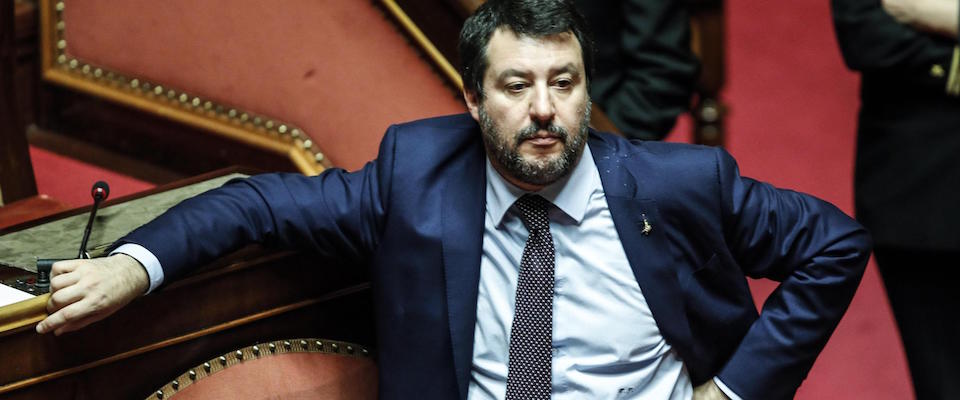 Matteo Salvini in Senato durante comunicazioni del presidente del Consiglio Giuseppe Conte in vista del Consiglio europeo, Roma 11 dicembre 2019. ANSA/GIUSEPPE LAMI