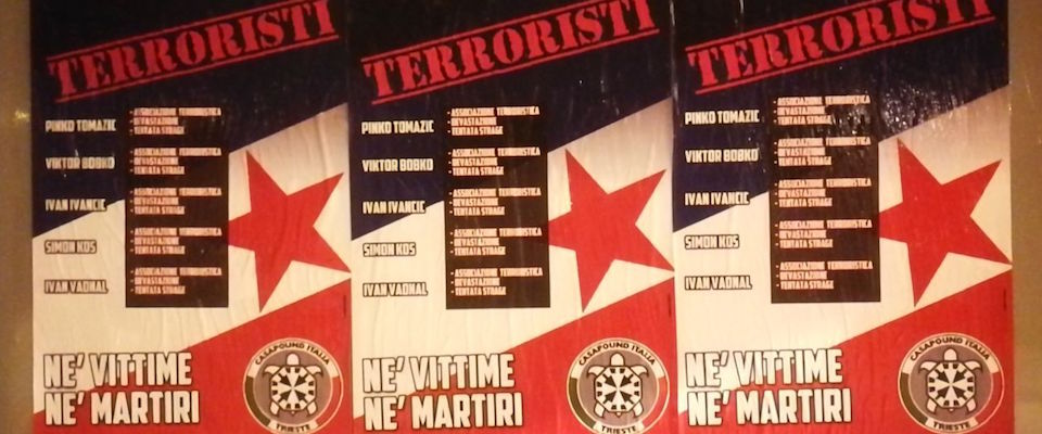 Alcuni manifesti di CasaPound sono comparsi questa mattina a Opicina, sul Carso triestino, nel Parco della Pace – l’ex poligono di tiro gestito dall’Anpi locale – dove domani verranno commemorati i cinque antifascisti fucilati nel 1941 sulla base di una sentenza emessa da un Tribunale speciale. Nei manifesti firmati dal movimento di estrema destra i 5 fucilati vengono definiti “terroristi, nÈ vittime, nÈ martiri”. La scoperta Ë stata fatta dagli agenti della Digos di Trieste da un controllo effettuato alla vigilia della cerimonia.
ANSA