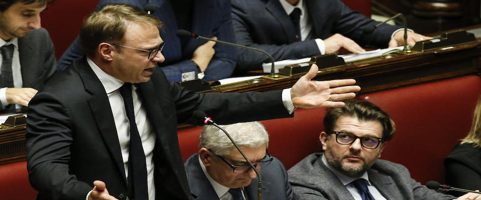 Francesco Lollobrigida, Fratelli d’Italia, durante la discussione generale  sulla legge di bilancio dello Stato 2020, Camera dei Deputati, Roma 22 dicembre 2019. ANSA/FABIO FRUSTACI