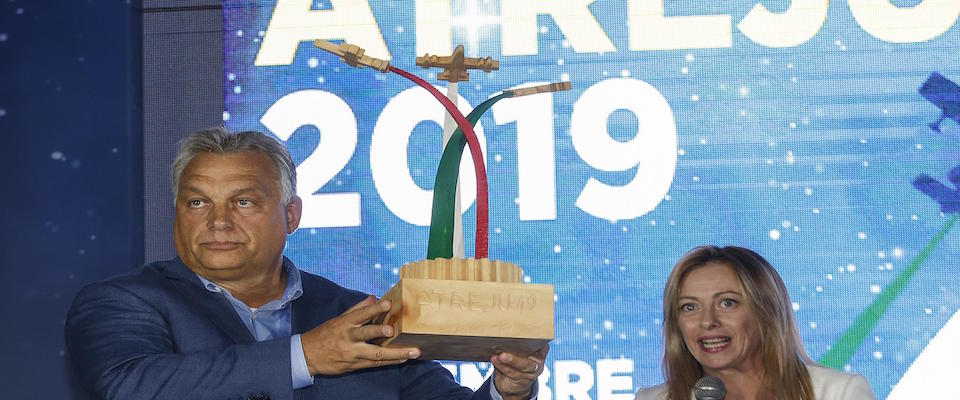 Hungarian Prime Minister Viktor Orban (L) and Fratelli d’Italia leader (Fdi, Brothers of Italy) Giorgia Meloni at ‘Atreju 2019’, Rome, 21 september 2019. ANSA/FABIO FRUSTACI