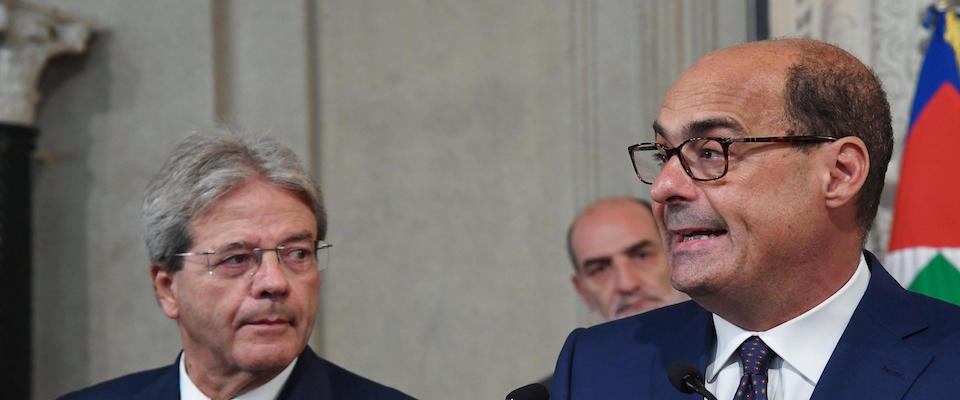 Italian Partito Democratico Pd Secretary Nicola Zingaretti (R), and former premier Paolo Gentiloni (L), addresses the media after a meeting with Italian President Mattarella for a second round of formal political consultations at Quirinale Palace, in Rome, Italy, 28 August 2019. 
ANSA/ALESSANDRO DI MEO