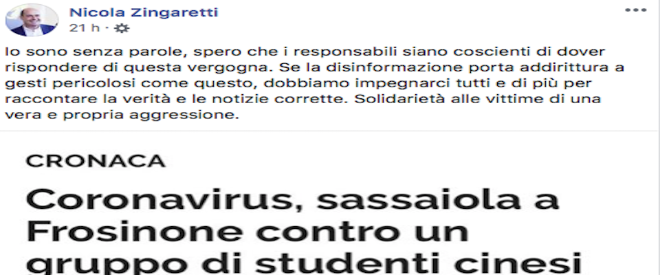 Anche la polizia conferma: falsa la “notizia” della sassaiola contro i cinesi a Frosinone. Ditelo al Pd