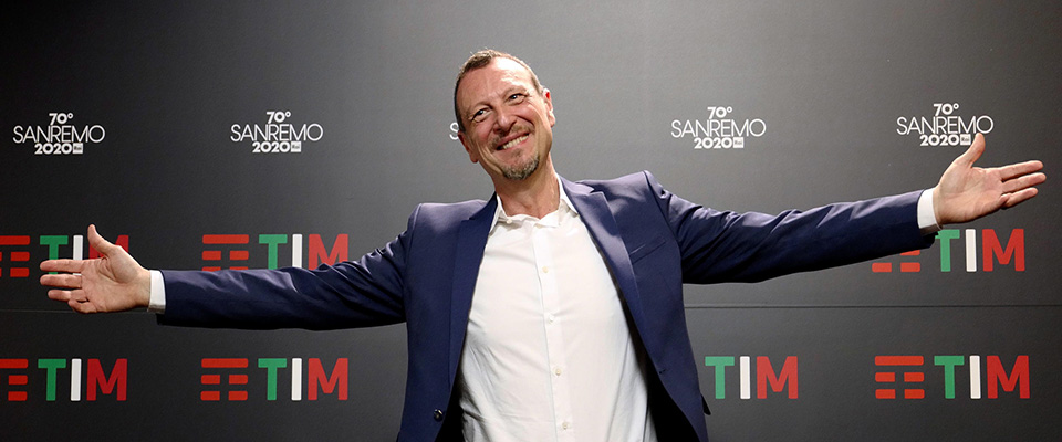 epa08202640 Italian Sanremo Festival artistic director Amadeus poses during a photocall at the 70th Sanremo Italian Song Festival, Sanremo, Italy, 08 February 2020. The festival runs from 04 to 08 February.  EPA/RICCARDO ANTIMIANI