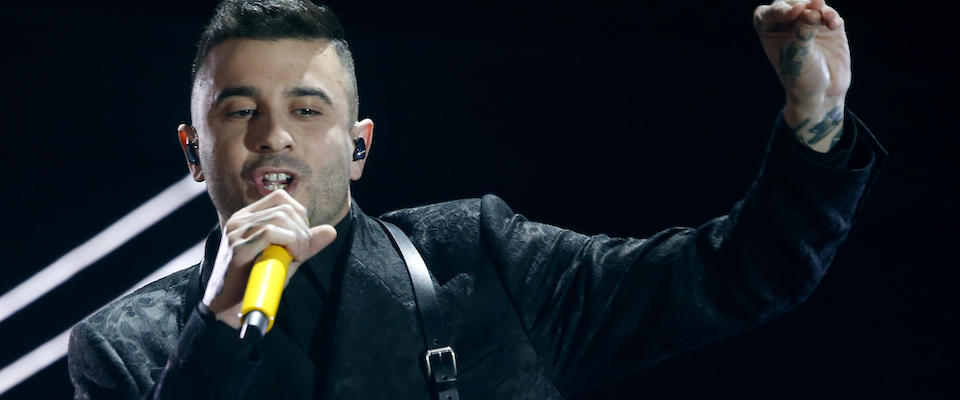 Italian singer Junior Cally performs on stage at the Ariston theatre during the 70th Sanremo Italian Song Festival, Sanremo, Italy, 05 February 2020. The festival runs from 04 to 08 February.   ANSA/RICCARDO ANTIMIANI