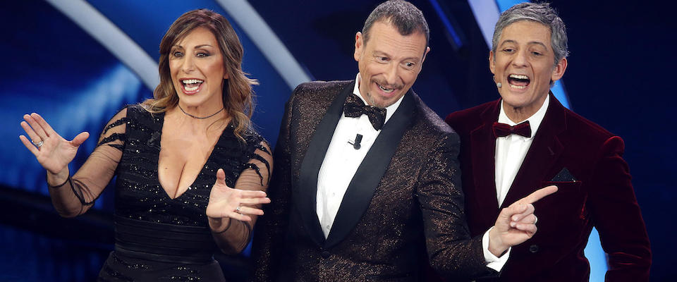 Italian singer Sabrina Salerno (L), Italian Sanremo Festival artistic director Amadeus (C) and Italian showman Rosario Fiorello (R) on stage at the Ariston theatre during the 70th Sanremo Italian Song Festival, Sanremo, Italy, 05 February 2020. The festival runs from 04 to 08 February.  ANSA/RICCARDO ANTIMIANI