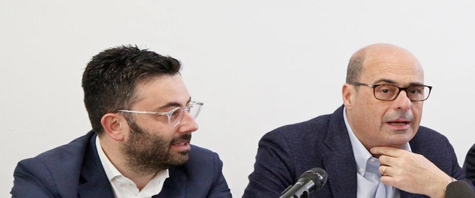 Il segretario nazionale del Partito Democratico Nicola Zingaretta durante la visita allo stabilimento Saxa Gres di Anagni. Da sinistra il consigliere regionale Mauro, Buschini, il segretario nazionale del Pd Nicola Zingaretti, il presidente dell’Asi Francesco De Angelis e il presidente della Provincia di Frosinone Antonio Pompeo, Italia, 5 marzo 2019. ANSA/FEDERICO PROIETTI