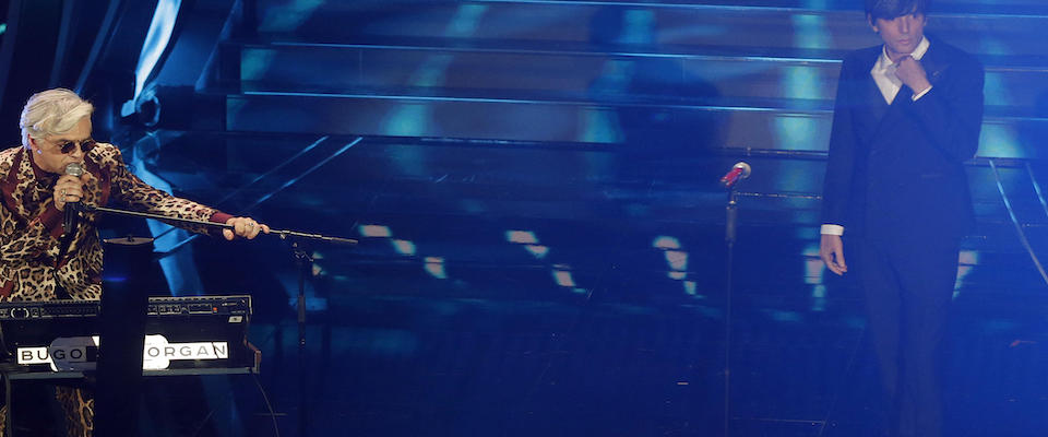 Italian singers Bugo (R) and Morgan perform on stage at the Ariston theatre during the 70th Sanremo Italian Song Festival, Sanremo, Italy, 07 February 2020. The festival runs from 04 to 08 February.   ANSA/RICCARDO ANTIMIANI