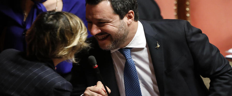 Il leader della Lega Matteo Salvini (D) con la collega di partito Giulia Bongiorno (S) durante il dibattito sul caso Gregoretti nell’Aula di Palazzo Madama, Senato della Repubblica, Roma, 12 febbraio 2020. ANSA/RICCARDO ANTIMIANI