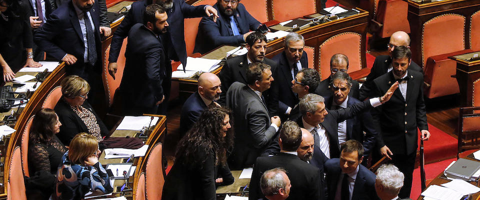 Tensione tra alcuni senatori dell’opposizione e della maggioranza durante l’intervento del leader della Lega Matteo Salvini nel corso del dibattito sul caso Gregoretti nell’Aula di Palazzo Madama, Senato della Repubblica, Roma, 12 febbraio 2020. ANSA/RICCARDO ANTIMIANI