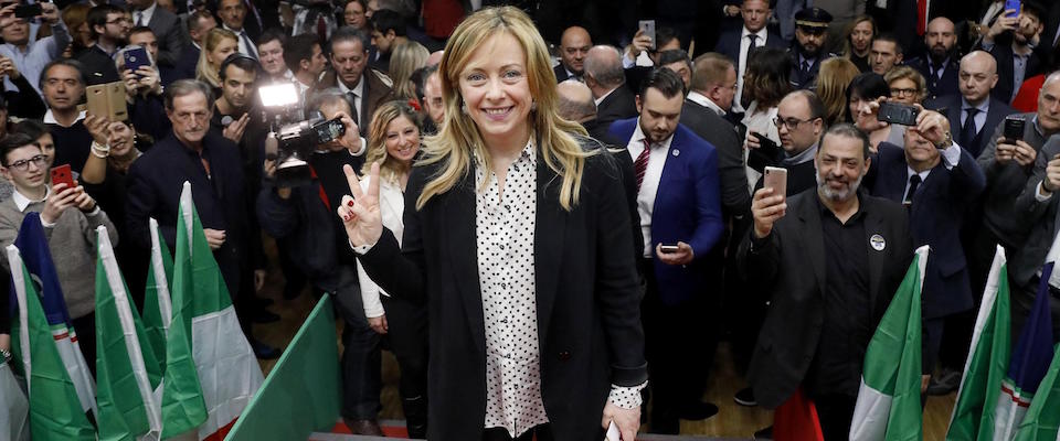 Il presidente di Fratelli d’Italia, Giorgia Meloni, alla cena “Il mio amore per Milano e per la Lombardia” organizzata da Fratelli D’Italia al MiCo a Milano, 14 febbraio 2020. ANSA/Mourad Balti Touati