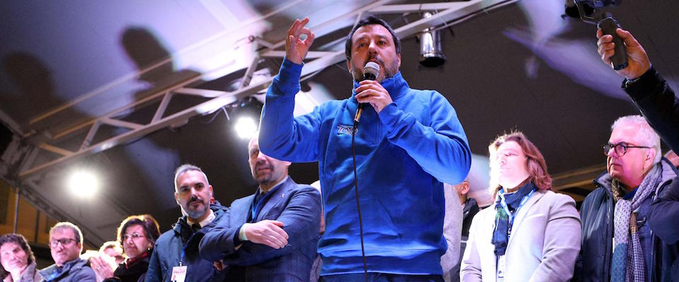 Il segretario federale della Lega, Matteo Salvini, partecipa a un incontro a Pesaro, 20 febbraio 2020. 
ANSA/PASQUALE BOVE