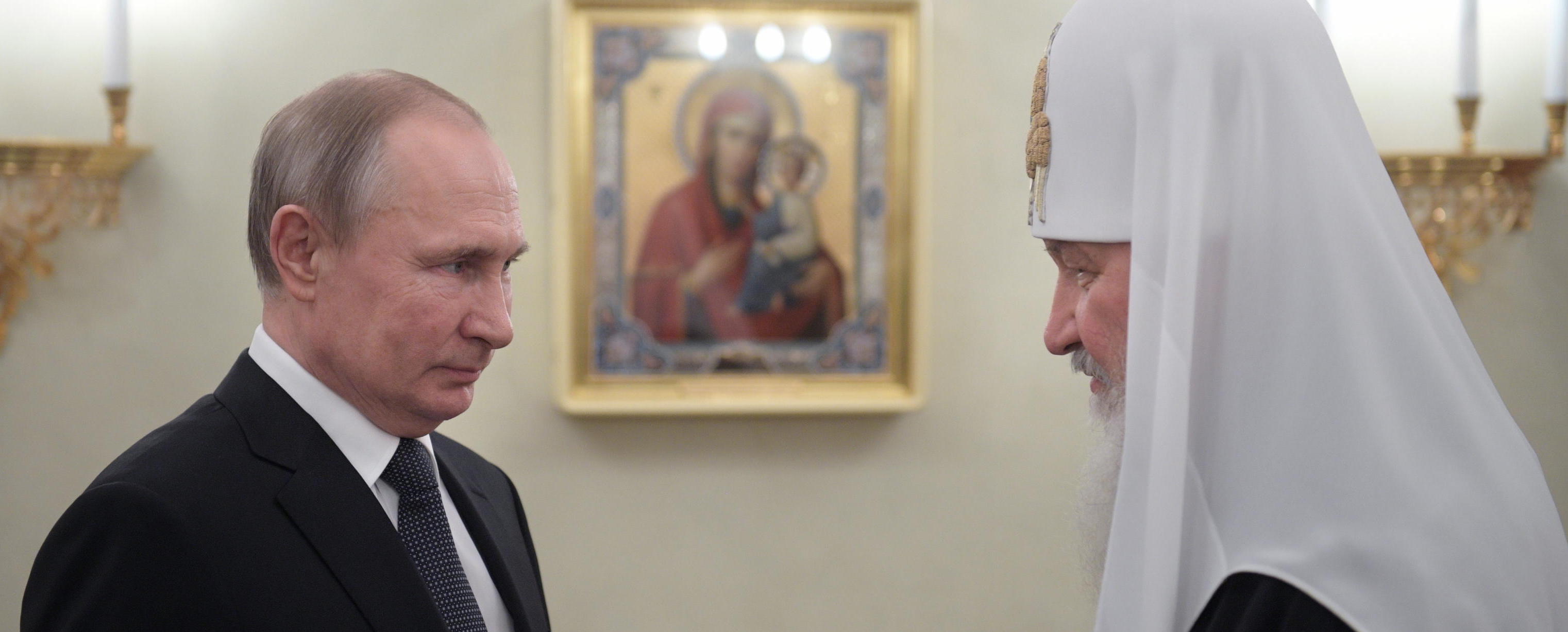 epa08184499 Russian President Vladimir Putin (L) congratulates Patriarch of Moscow and All Russia Kirill on the day of the 11th anniversary of his enthronement in Moscow, Russia, 01 February 2020. Metropolitan Kirill was elected Patriarch of Moscow and all Russia by the Local Council of the Russian Orthodox Church and enthroned on 01 February 2009, at the Cathedral of Christ the Saviour.  EPA/ALEXEI DRUZHININ/SPUTNIK/KREMLIN / POOL MANDATORY CREDIT