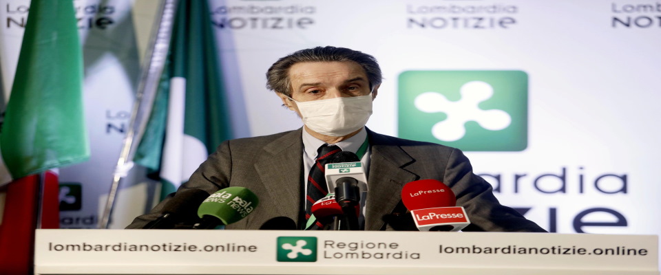 Conferenza stampa di aggiornamento sull’emergenza Coronavirus del presidente regionale Attilio Fontana a Palazzo Lombardia a Milano, 25 marzo 2020.ANSA/Mourad Balti Touati