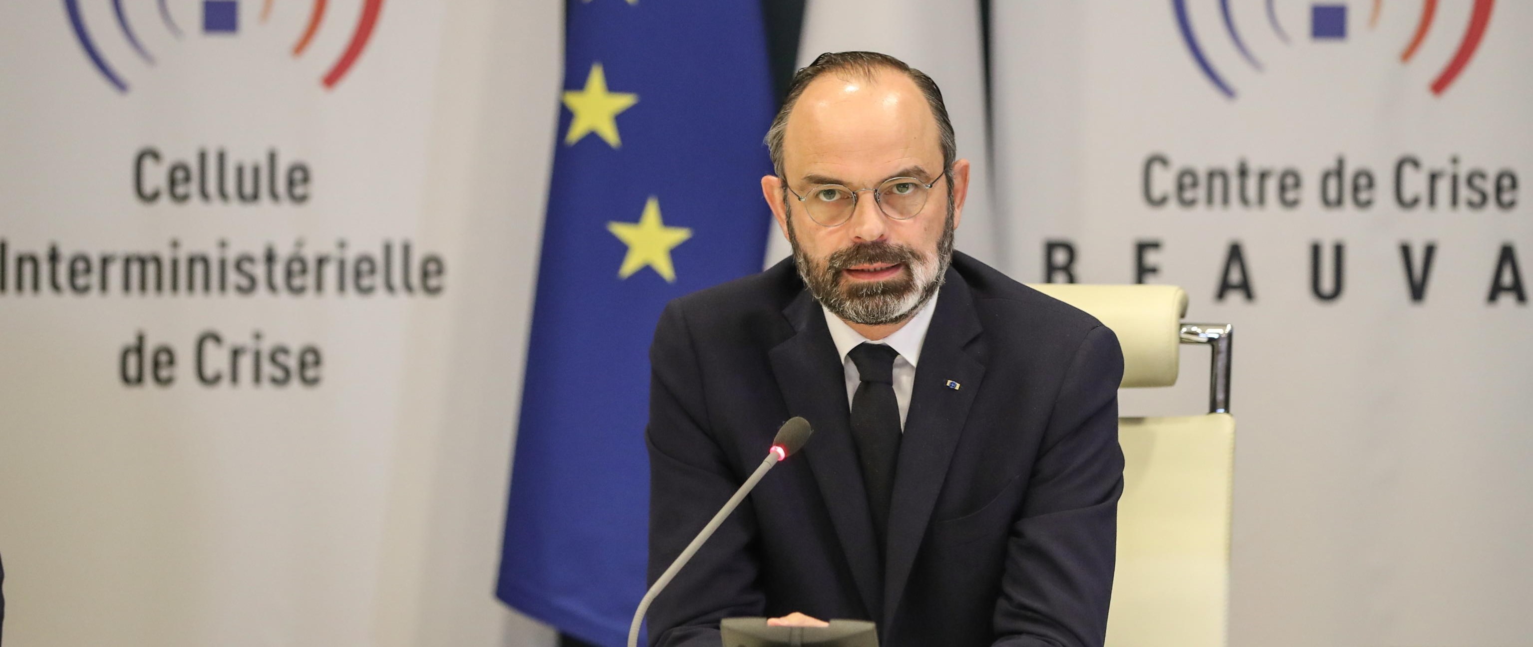 epa08291508 French Prime Minister Edouard Philippe chairs a video meeting with French regions prefects on the COVID-19 epidemic in the ‘crisis room’ of the French Interior ministry in Paris, France, 13 March 2020, for a video meeting with French regions prefects on the COVID-19 epidemic, the day after French President said it was ‘the worst health crisis in France in a century’ as he ordered schools and universities closed ‘until further notice’.  EPA/LUDOVIC MARIN / POOL  MAXPPP OUT