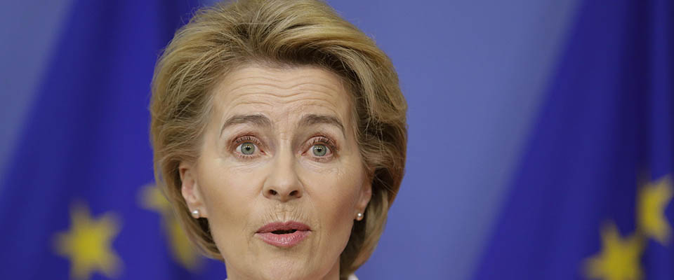 epa08268918 European Commission President Ursula von der Leyen gives a press briefing after a weekly college meeting of the European Commission focusing on Climate Law in Brussels, Belgium, 04 March 2020. The European Commission will adopt its proposal for a Climate Law, increasing the 2030 emissions reduction target, according to reports.  EPA/OLIVIER HOSLET