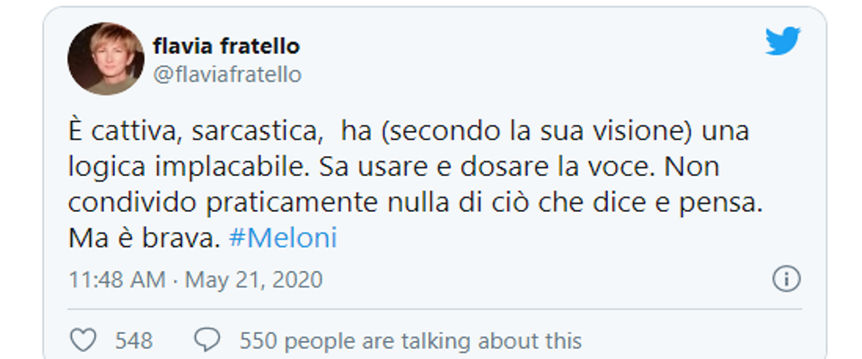 Meloni è brava. La giornalista Flavia Fratello osa dirlo su Twitter. E si scatenano i soliti faziosi