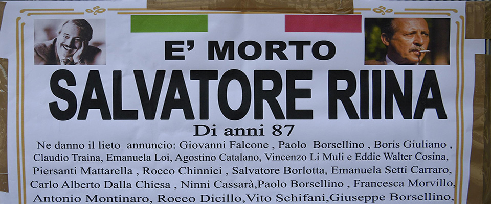 A funeral poster with the list of main Mafia victims, including slain anti-Mafia magistrates Giovanni Falcone and Paolo Borsellino, announces Totò Riina’s death in Ercolano, near Naples, southern Italy, 17 November 2017. Sicilian Cosa Nostra mafia ‘boss of bosses,’ Salvatore ‘Toto’ Riina, one of Italy’s most feared mobsters, died at the age of 87 on 17 November, in a prison section in Parma. He was serving 26 life sentences. ANSA/ CIRO FUSCO