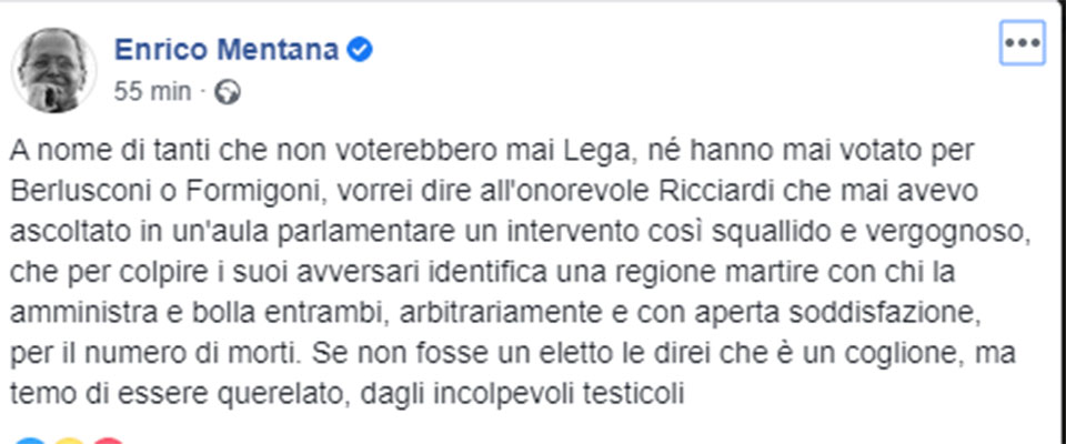 Mentana contro il grillino Ricciardi: “Mai un intervento così squallido, da cogl…”