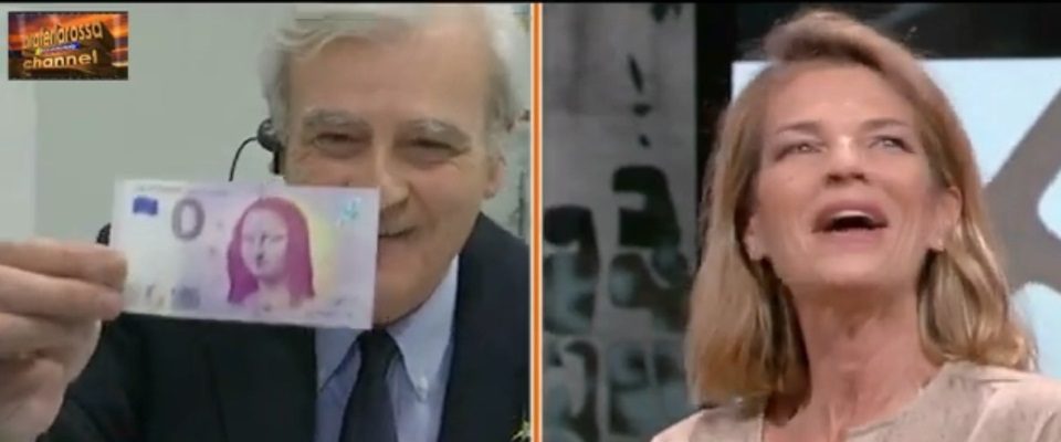 Rinaldi show con la banconota da zero euro. E poi il duro scontro con la giornalista Fusani (video)