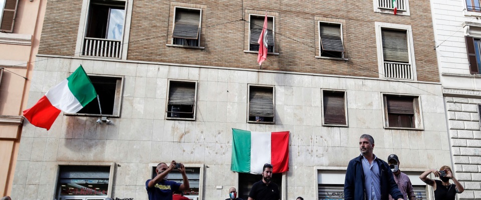 Simone Di Stefano leader of far-right movement Casapound during the meeting  after the seizure of the historic seat in Napoleone III street, in Rome, Italy, 4 June 2020. ANSA/GIUSEPPE LAMI