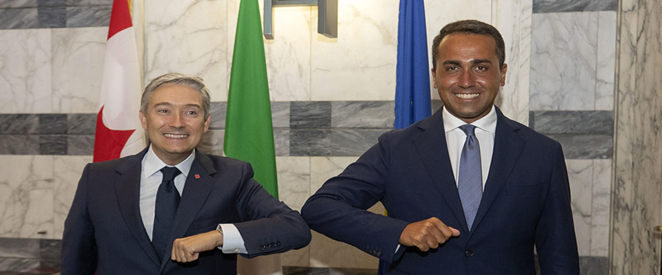 Italian FM Luigi Di Maio greets Canadian Foreign Minister Francois-Philippe Champagne (L) during a joint press conference after their meeting at Villa Madama in Rome, Italy, 25 August 2020.
ANSA/MASSIMO PERCOSSI