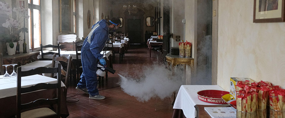 Workers sanitize Olimpo’s restaurant in Brescia, Italy, 11 May 2020. Countries around the world are taking increased measures to stem the widespread of the SARS-CoV-2 coronavirus which causes the COVID-19 disease. 
Ansa /Filippo Venezia