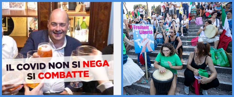 BeFunky-collage con foto di Zingaretti dal profilo Fb della Meloni e foto Ansa del corteo no mask