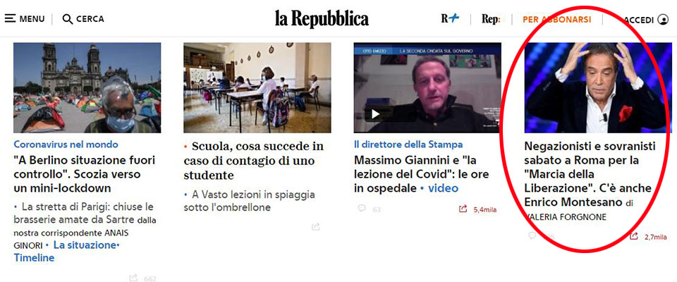 Repubblica e la macchina del fango: Montesano in piazza con i negazionisti. Ma non è vero niente…