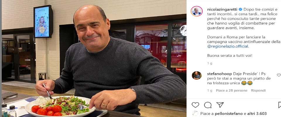 Zingaretti copia Salvini e posta la sua foto mentre mangia un’insalata: come influencer è negato…