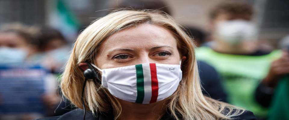 President of Fratelli d’Italia party (FdI) Giorgia Meloni during demonstrate against the measures implemented to stop the spread of the coronavirus pandemic in front Italian Ministry of Culture, in Rome, Italy, 29 October 2020.ANSA/GIUSEPPE LAMI