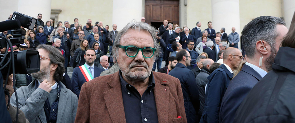 Oliviero Toscani ai funerali di Gilberto Benetton nel duomo di Treviso, 26 ottobre 2018. ANSA/ ALBERTO COLUSSO